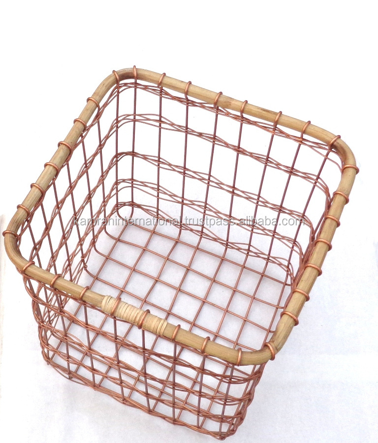 HOT SELLING SQUARE COPPER WIRE BAMBOO FRUIT VEGETABLE BASKET, COPPER WIRE STORAGE BASKETS