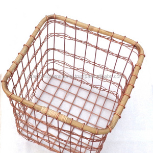 HOT SELLING SQUARE COPPER WIRE BAMBOO FRUIT VEGETABLE BASKET, COPPER WIRE STORAGE BASKETS