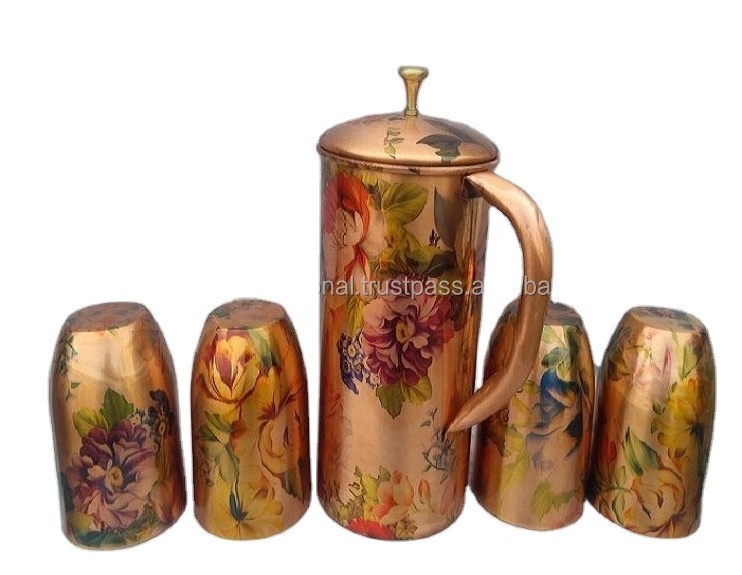 BPA FREE FOOD GRADE COPPER WATER PITCHER SET,  FLOWER PRINTED ENAMELED 100% COPPER SMOOTH PITCHER WITH 4 COPPER TUMBLERS,