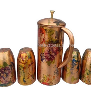 BPA FREE FOOD GRADE COPPER WATER PITCHER SET,  FLOWER PRINTED ENAMELED 100% COPPER SMOOTH PITCHER WITH 4 COPPER TUMBLERS,