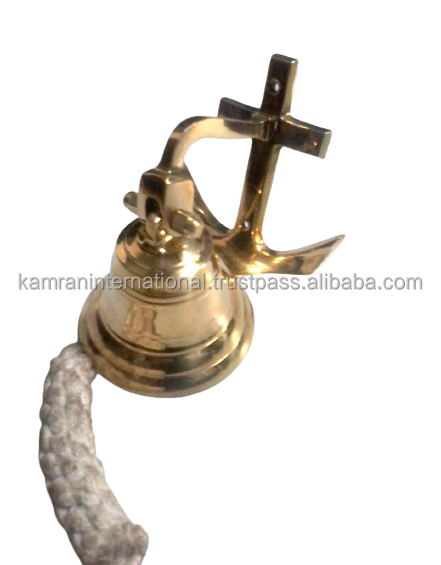 Polished Brass Marine ship bell with Holy Cross hanger & lanyard, MARINE SHIP BELLS FOR SALE FROM INDIA