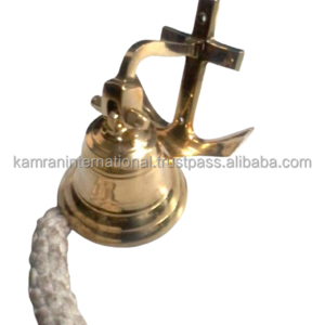 Polished Brass Marine ship bell with Holy Cross hanger & lanyard, MARINE SHIP BELLS FOR SALE FROM INDIA