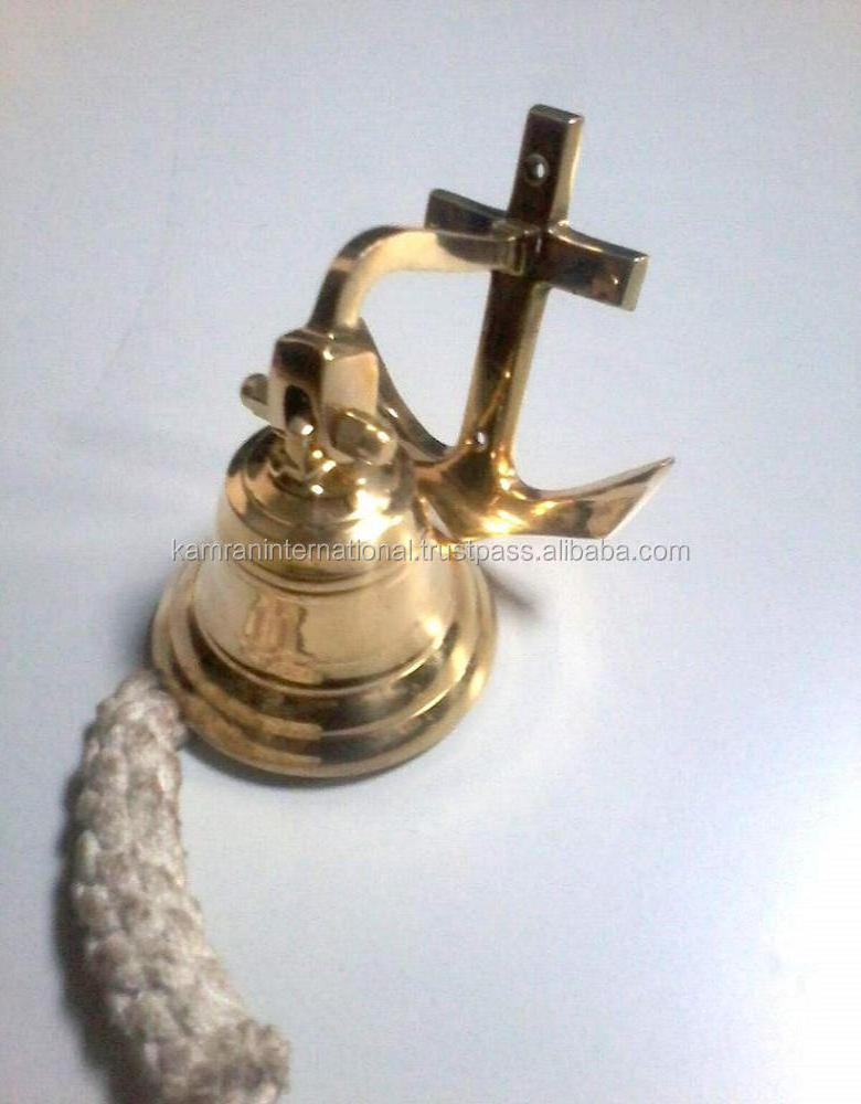 Polished Brass Marine ship bell with Holy Cross hanger & lanyard, MARINE SHIP BELLS FOR SALE FROM INDIA