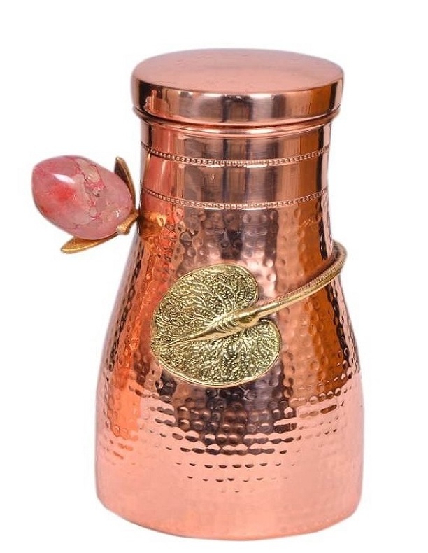 HAND MADE HAMMERED PURE COPPER CARAFE ROSE BUDS DECORATION