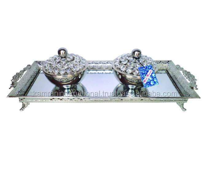 WEDDING DECORATION CRYSTAL BEADED SILVER SERVING TRAY WITH SET OF 2 CRYSTAL BEADED SERVING BOWLS