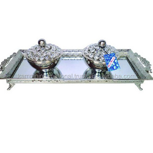 WEDDING DECORATION CRYSTAL BEADED SILVER SERVING TRAY WITH SET OF 2 CRYSTAL BEADED SERVING BOWLS