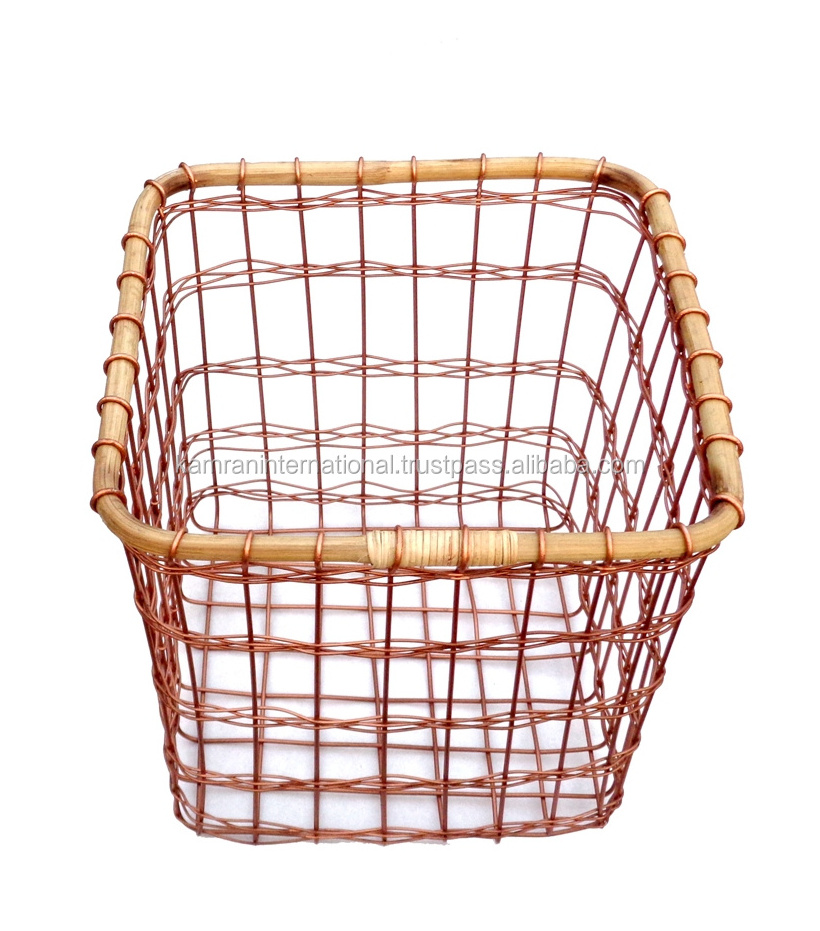 HOT SELLING SQUARE COPPER WIRE BAMBOO FRUIT VEGETABLE BASKET, COPPER WIRE STORAGE BASKETS