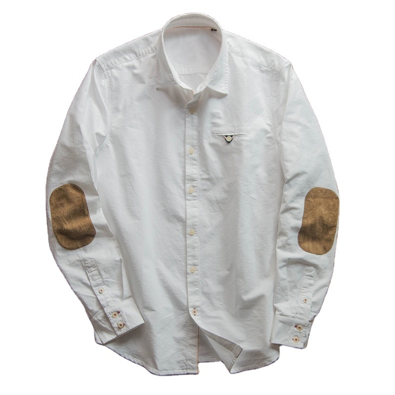 OEM Washed  Heavy Oxford Long Sleeve Shirt with Suede Elbow Patches Winter Shirts for Man