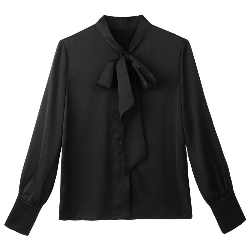 Autumn Solid Elegant Bow Tie Neck Long Sleeve Chiffon Blouses Shirts For Women