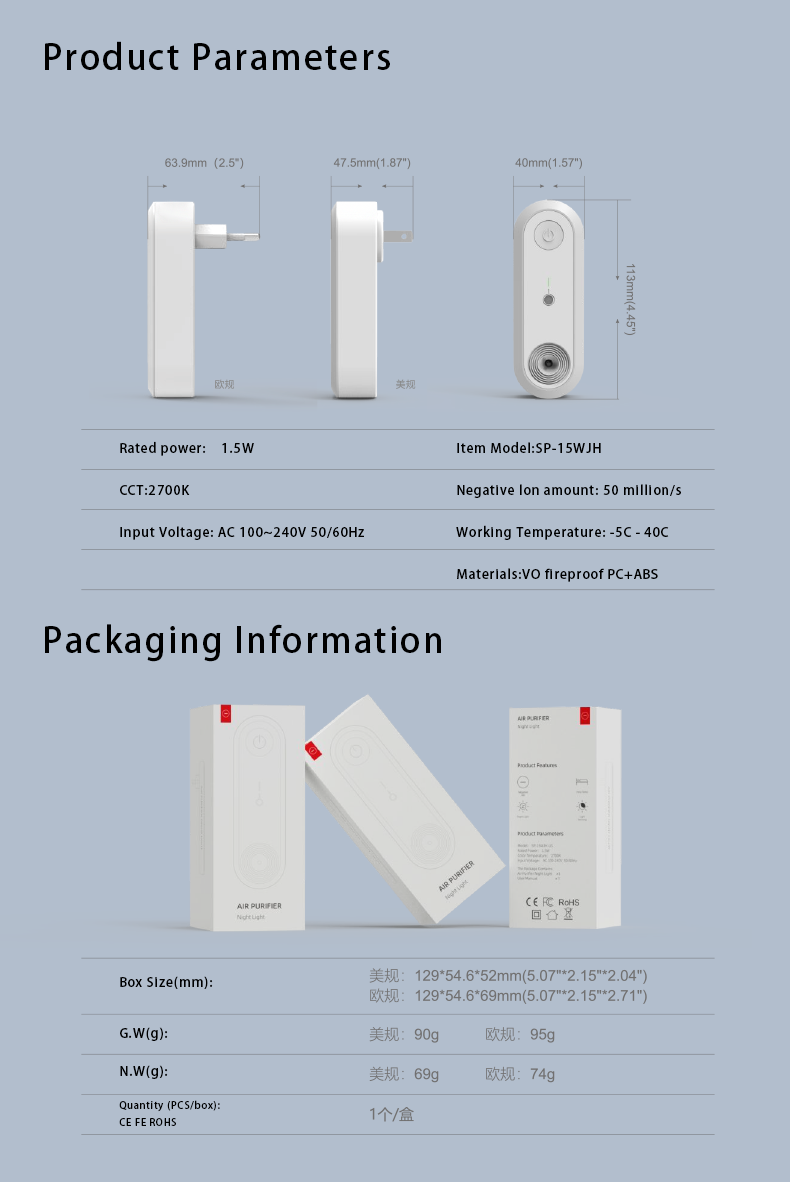 LED Intelligent Sensor Light Plug and Play & Light Sensing Night Light for Removing Smoke Smell US Plug