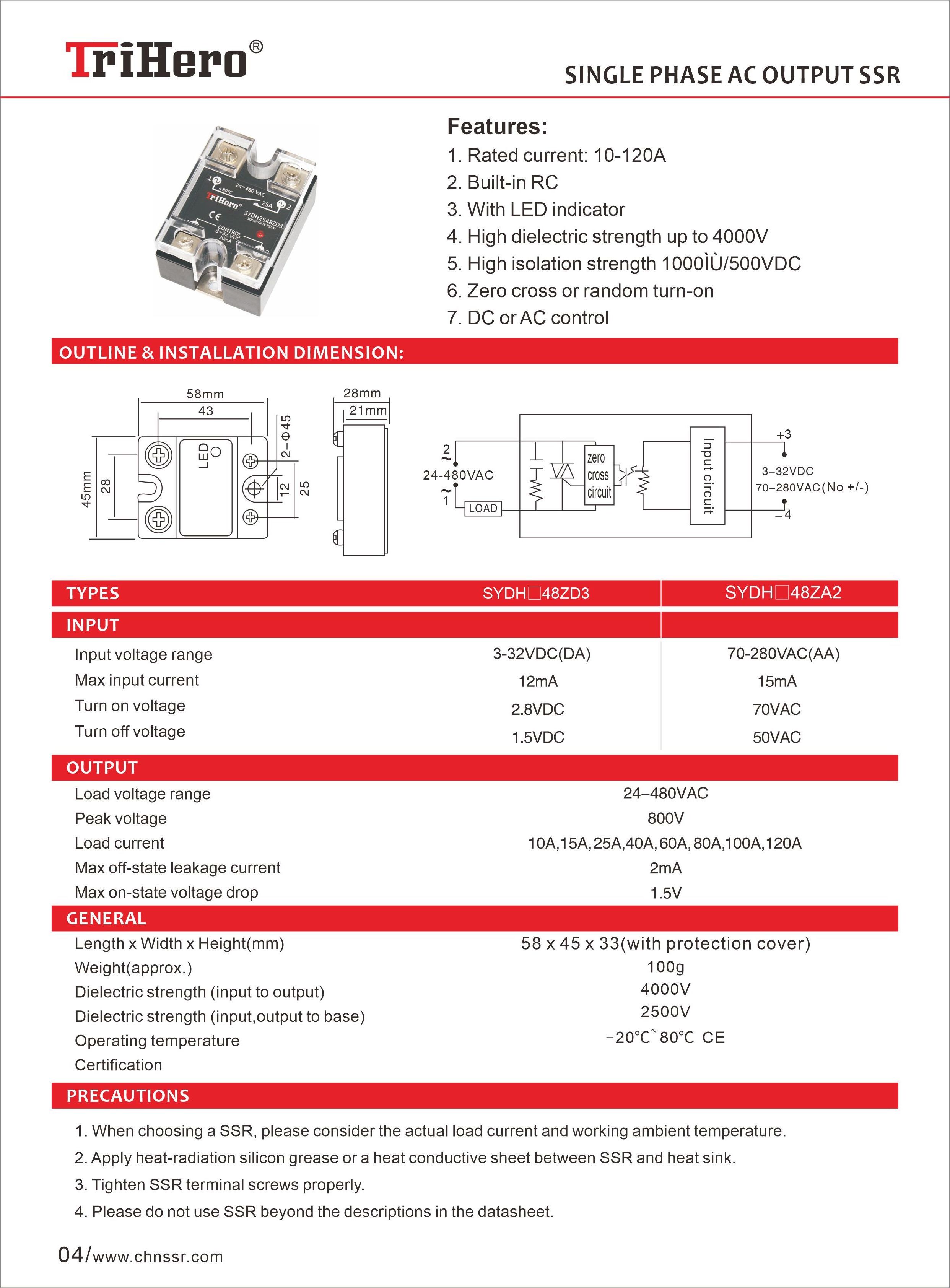 AC to AC Solid State Relay 60A 80A 100A 120A Zero Cross Single Phase 600VAC SSR Relays