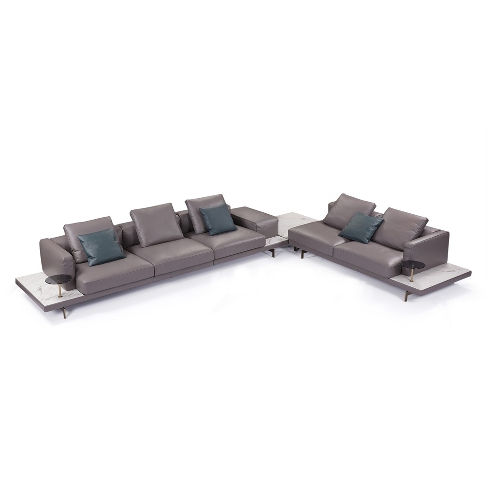 High end modern Italian design luxury leather sofa set unique design with sintered stone side table