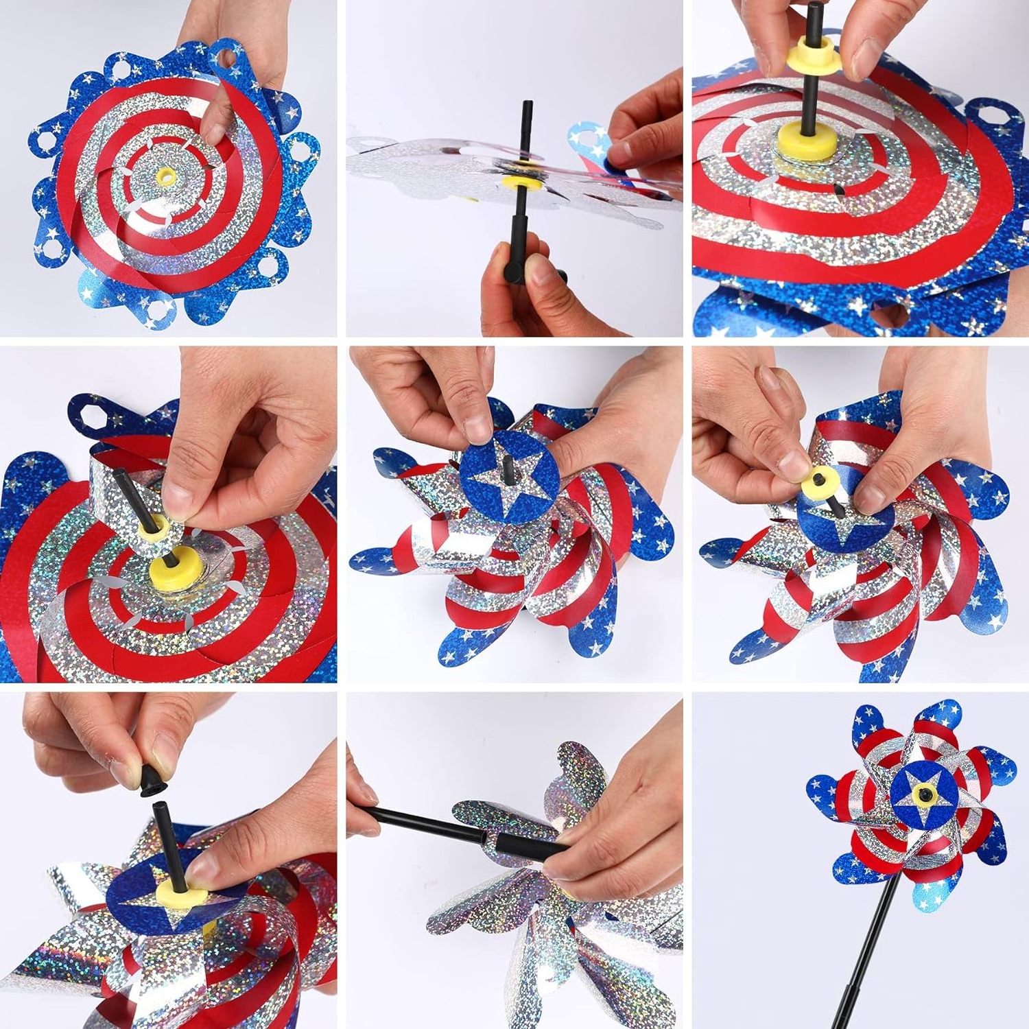 7 Inch Patriotic Reflective Pinwheels 4th of July Windmill American Flag Stars Wind Spinner Independence Memorial Day