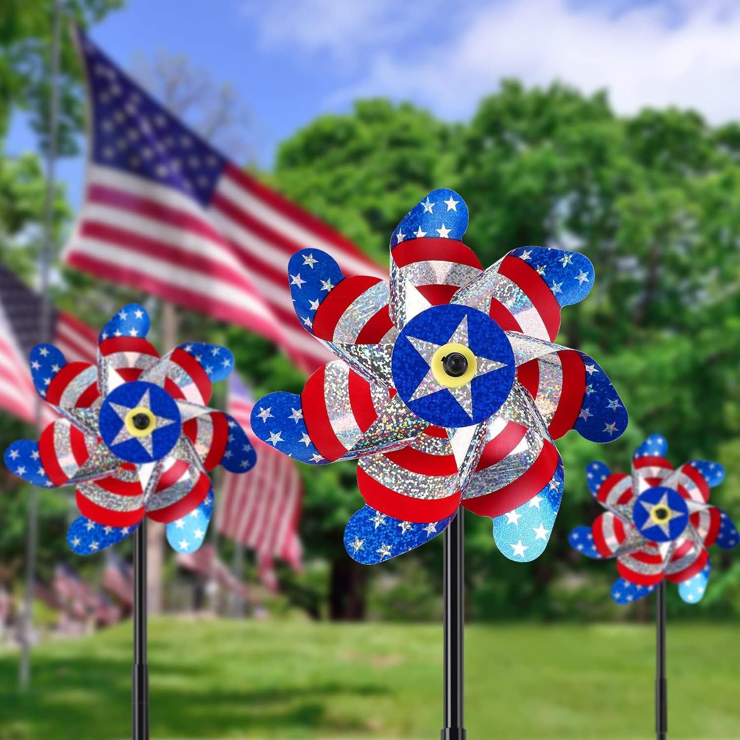 7 Inch Patriotic Reflective Pinwheels 4th of July Windmill American Flag Stars Wind Spinner Independence Memorial Day