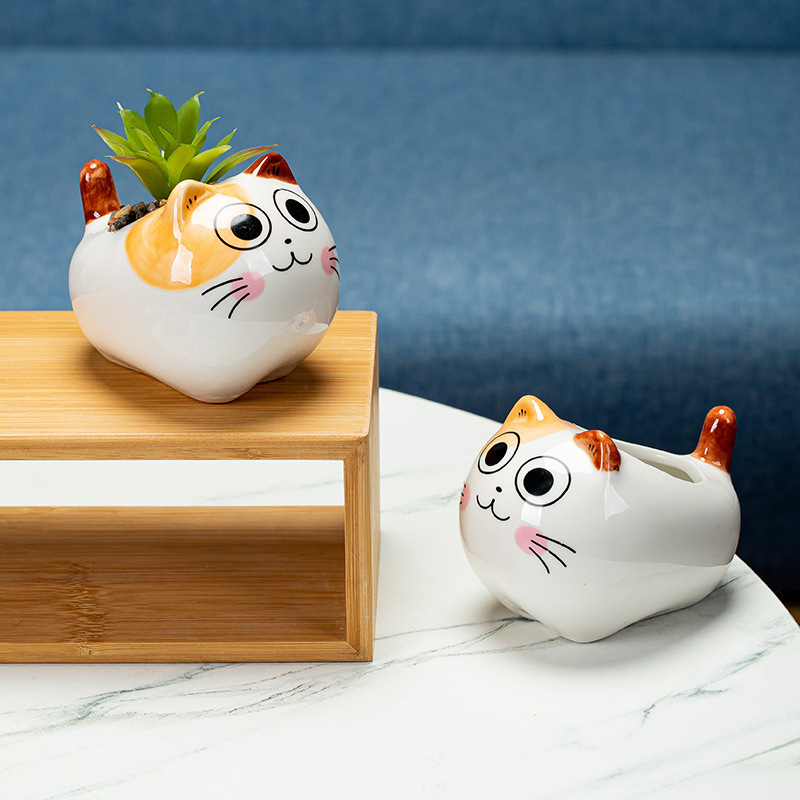 New Design Mini Desktop Ornament Decorative Birthday Gift Cute Cat White Flower Pots Ceramic Succulent Plant Planters