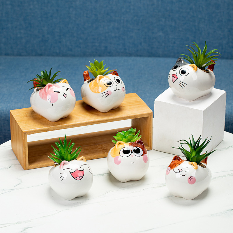 New Design Mini Desktop Ornament Decorative Birthday Gift Cute Cat White Flower Pots Ceramic Succulent Plant Planters