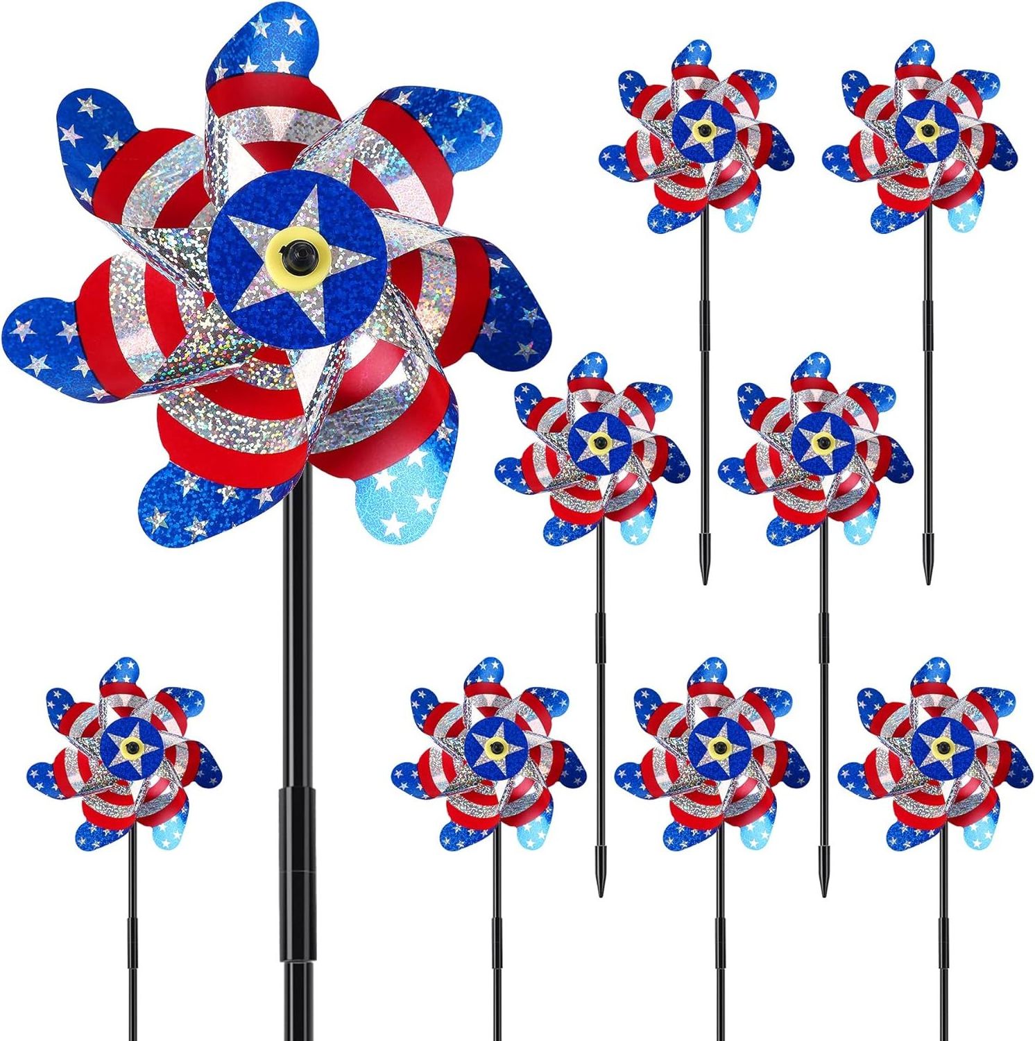 7 Inch Patriotic Reflective Pinwheels 4th of July Windmill American Flag Stars Wind Spinner Independence Memorial Day