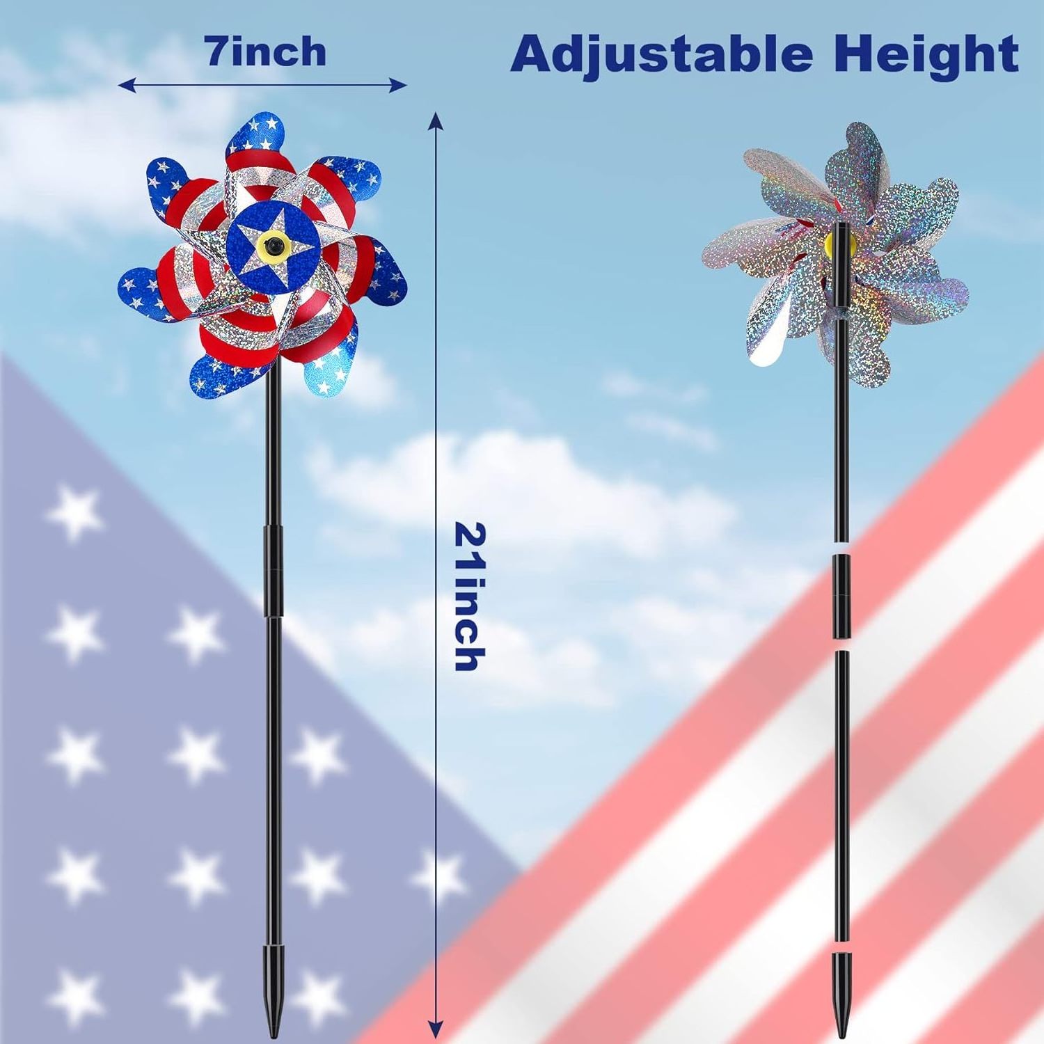 7 Inch Patriotic Reflective Pinwheels 4th of July Windmill American Flag Stars Wind Spinner Independence Memorial Day