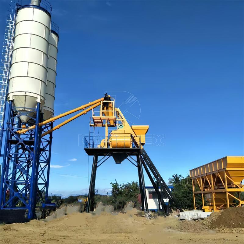 lifting hopper feeding automatic batching 3 aggregates bins HZS35 stationary concrete plant 35m3