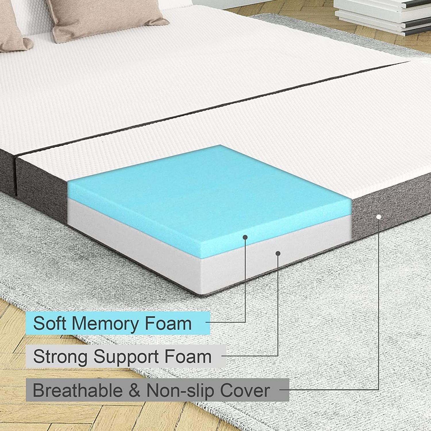 3 inch  Folding Memory Foam Mattress, Portable Mattress Topper with Washable Cover, Non-Slip Bottom