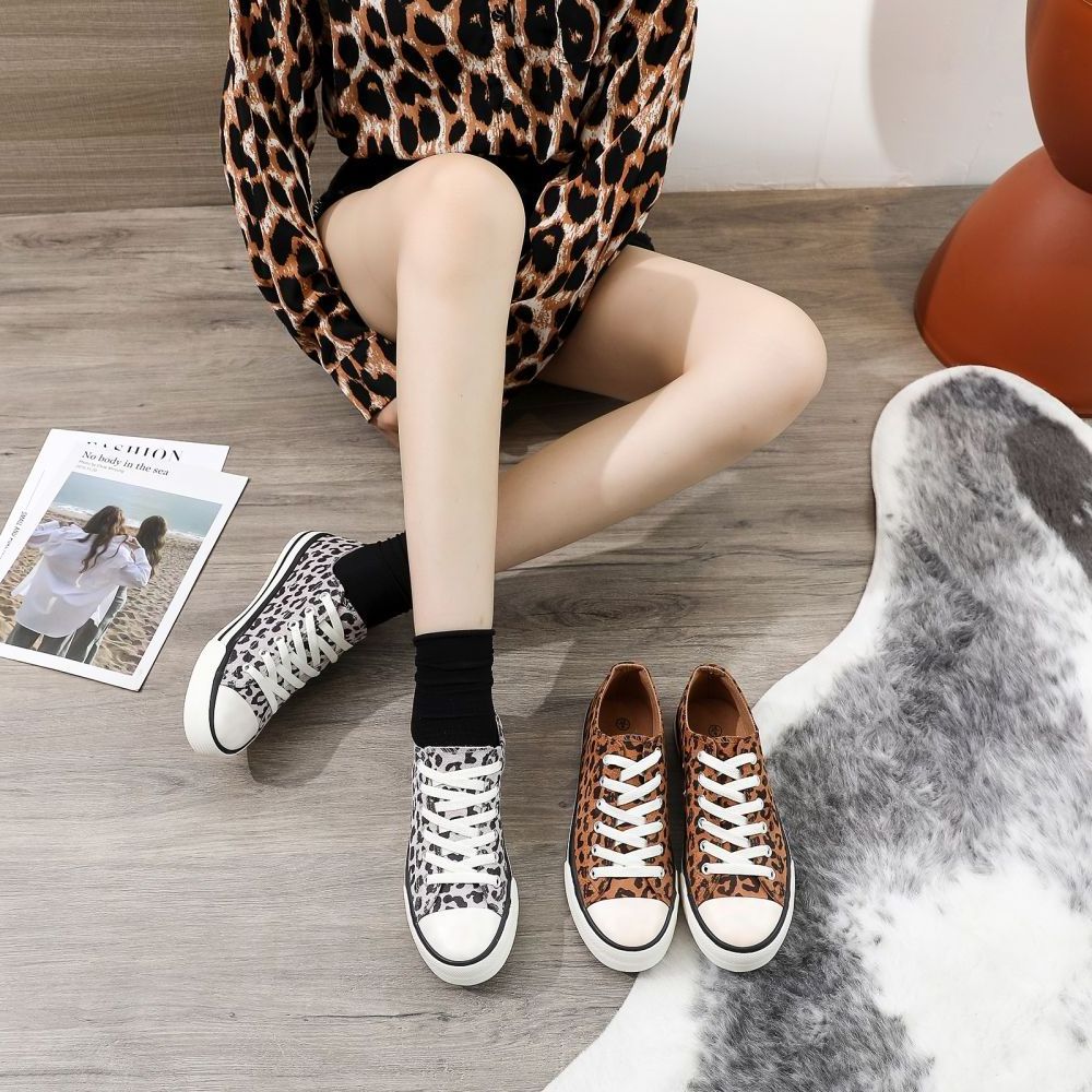 KH Factory Hot Sale High Quality Low Top Leopard Suede Vulcanized PU Leather Casual Walking Canvas Shoes For Ladies