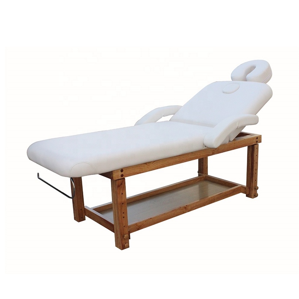 Modern Adjustable Height Mobile Professional Physical Therapy Portable Thai Wood Spa Beauty Facial Massage Table Bed for Sale