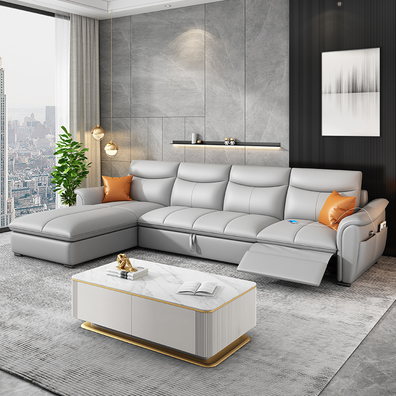 Leather sofa Italian minimalist layer cowhide living room combination electric multi-functional sofa Deluxe retractable sofa bed