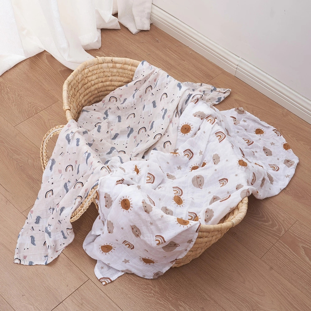 Kangobaby 2layers 110*120 bamboo muslin swaddle blanket screen print organic muslin swaddle blanket