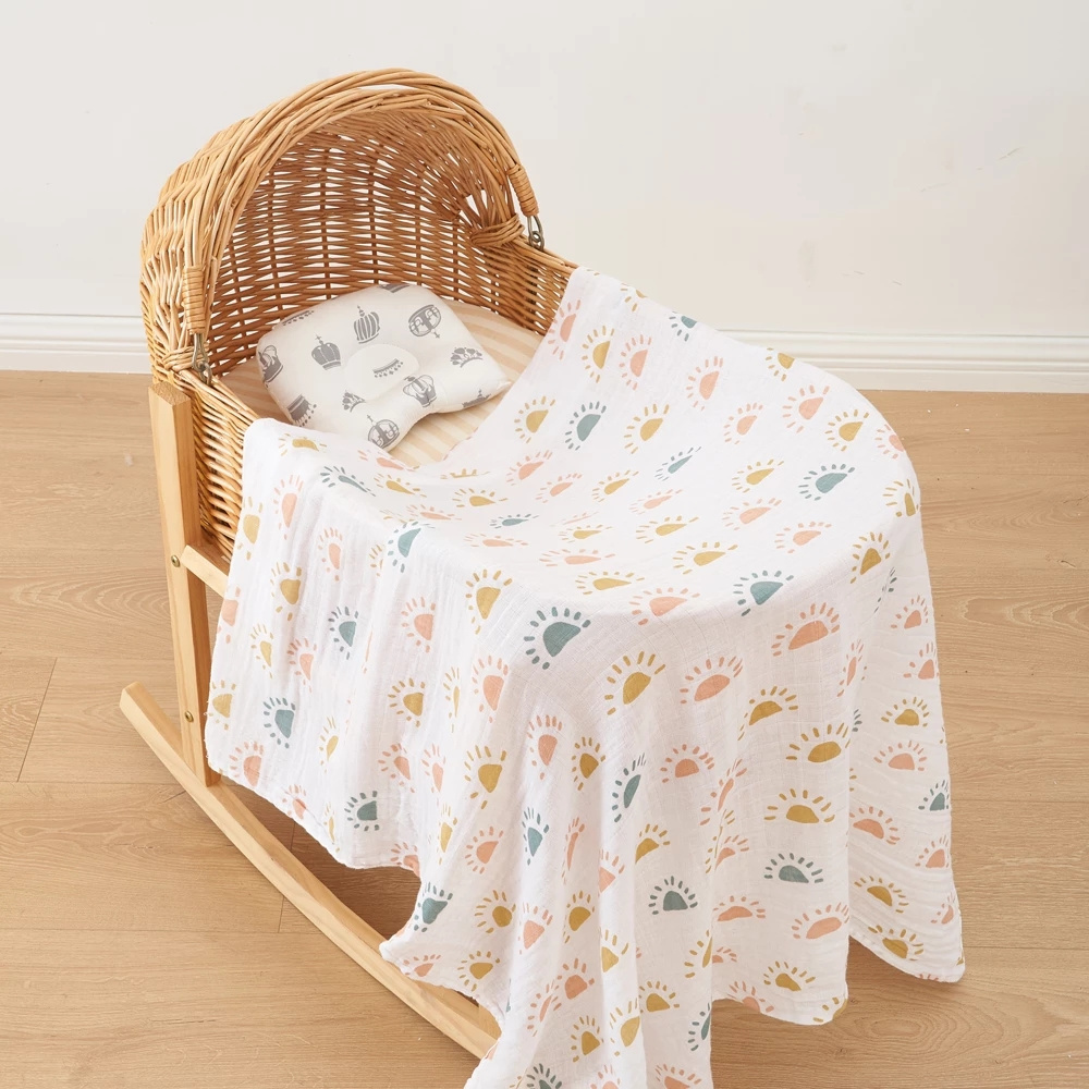 Kangobaby 2layers 110*120 bamboo muslin swaddle blanket screen print organic muslin swaddle blanket