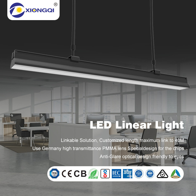 XIONGQI Hanging Suspension Aluminum PMMA Lens Indoor Office Commercial Pendant Light 48w 144w Led Linear Light