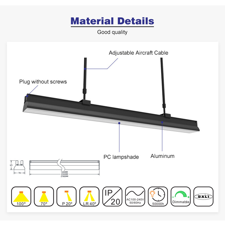 XIONGQI Hanging Suspension Aluminum PMMA Lens Indoor Office Commercial Pendant Light 48w 144w Led Linear Light