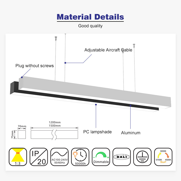 XIONGQI Dimmable Aluminum PMMA Lens Indoor Supermarket Led Linear Light 40w 50w Commercial Led Pendant Light