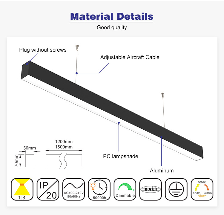 Customized Dimmable Aluminum PC Anti-Glare Linear High Bay Light 40 Watt Led Linear Pendant Light