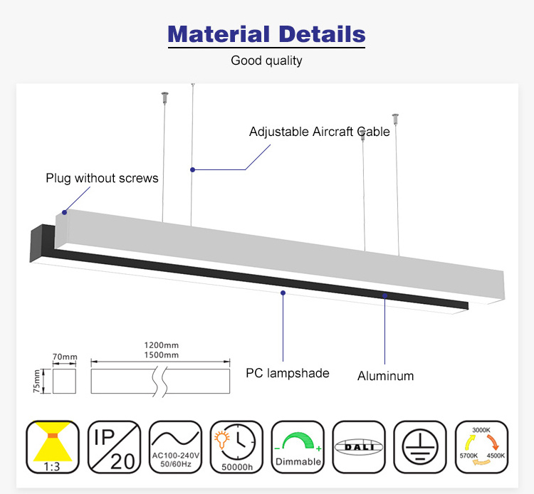 135LM/W Linkable Soluation Dimmable 40W 50W Aluminum PC Cover White Black LED Linear Light For Supermarket