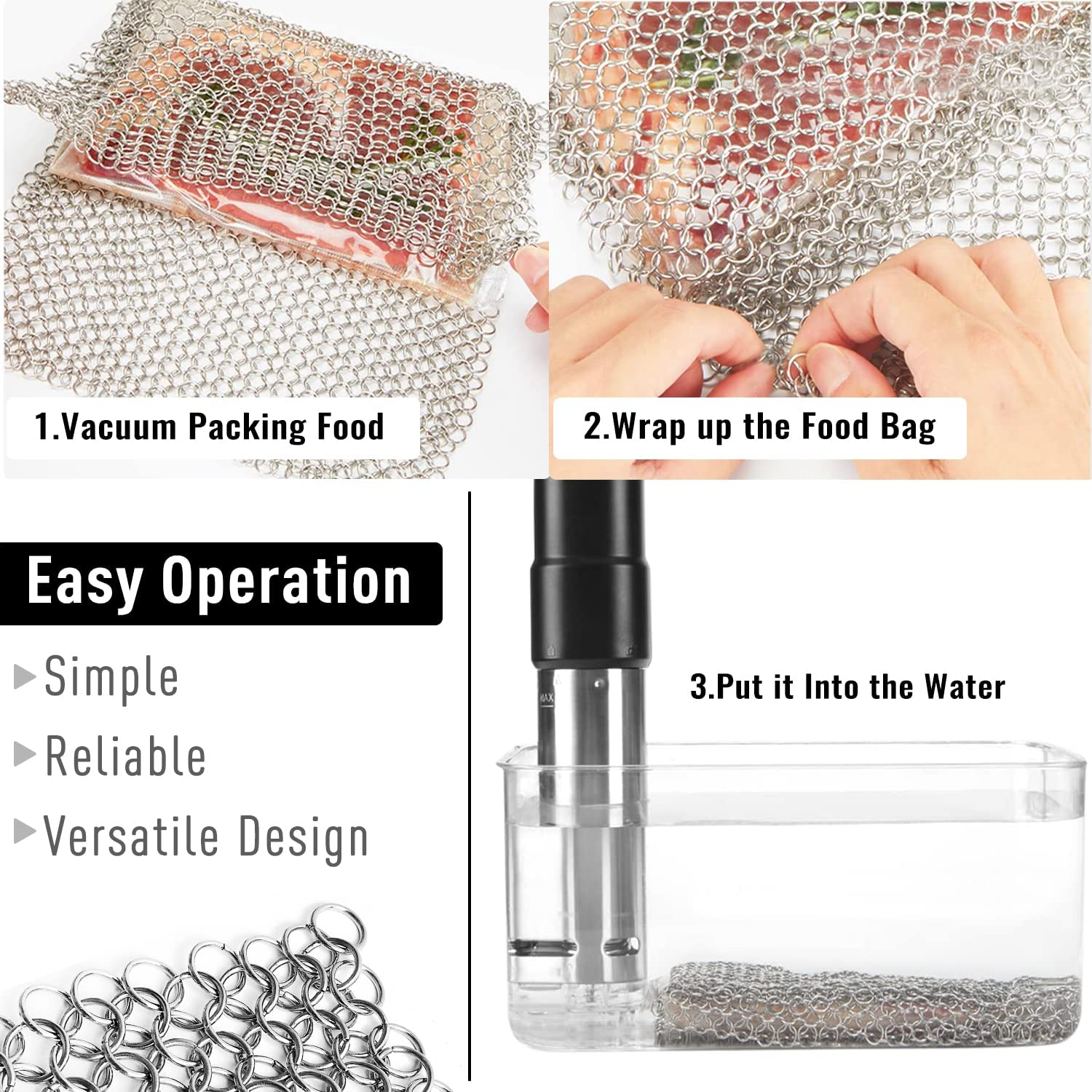 Kitchen Accessories 304/316 Stainless Steel Mesh Chain Net Sous Vide Sinker Weight for Slow Vacuum Cooking