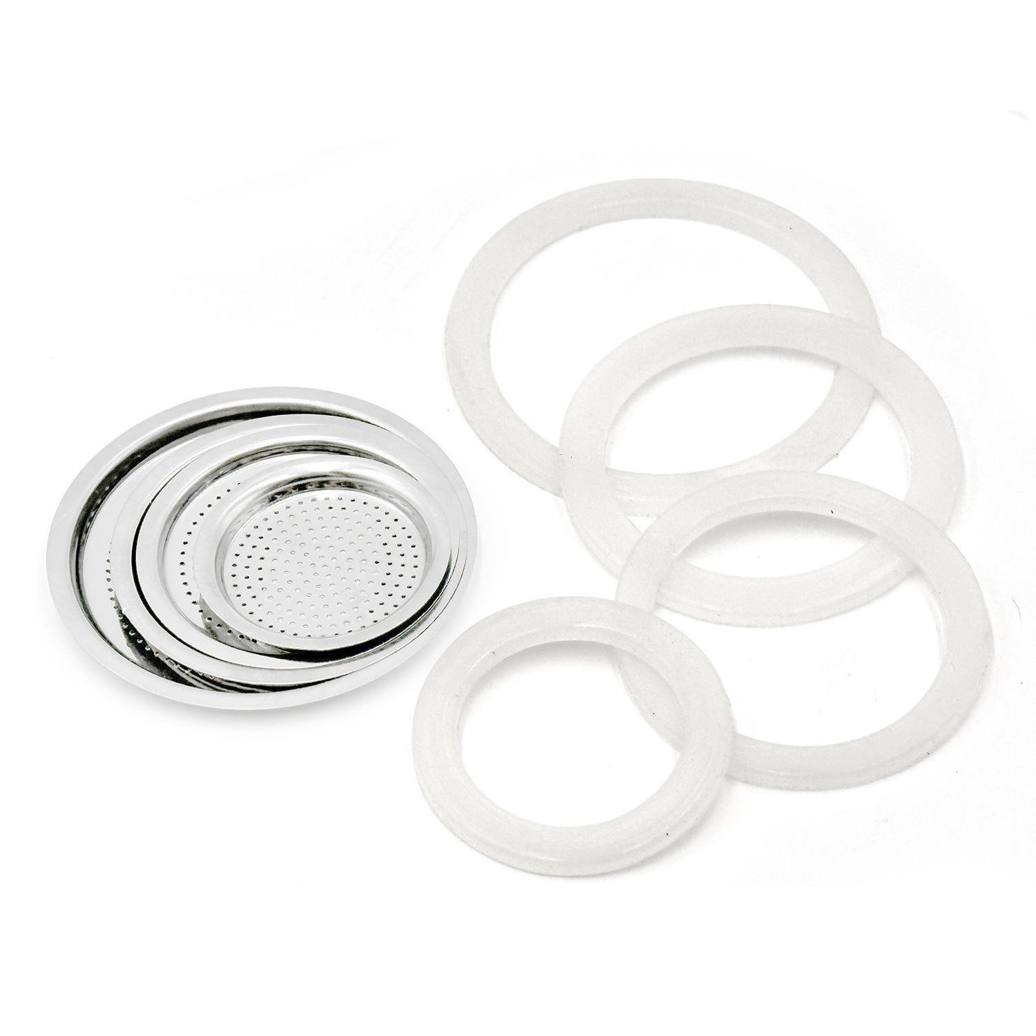 Seal Silicone Ring Gaskets and Replacement Stainless Steel Filter Kit Compatible with 3/6/9/12 Cup Moka Pot