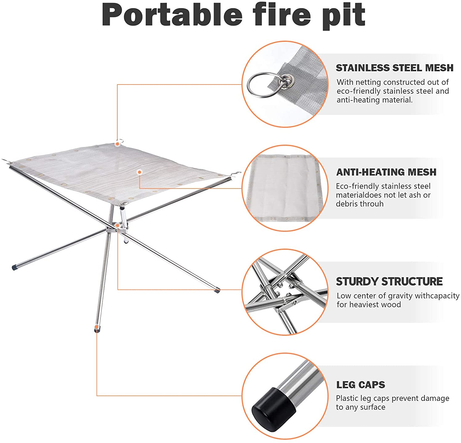 22 Inch Portable Outdoor Fire Pit Collapsible Stainless Steel Mesh Fire Pit Campfire Grill Wood Burning