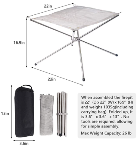 22 inch Portable Outdoor Fire Pit, Stainless Steel Fire Pit for Camping