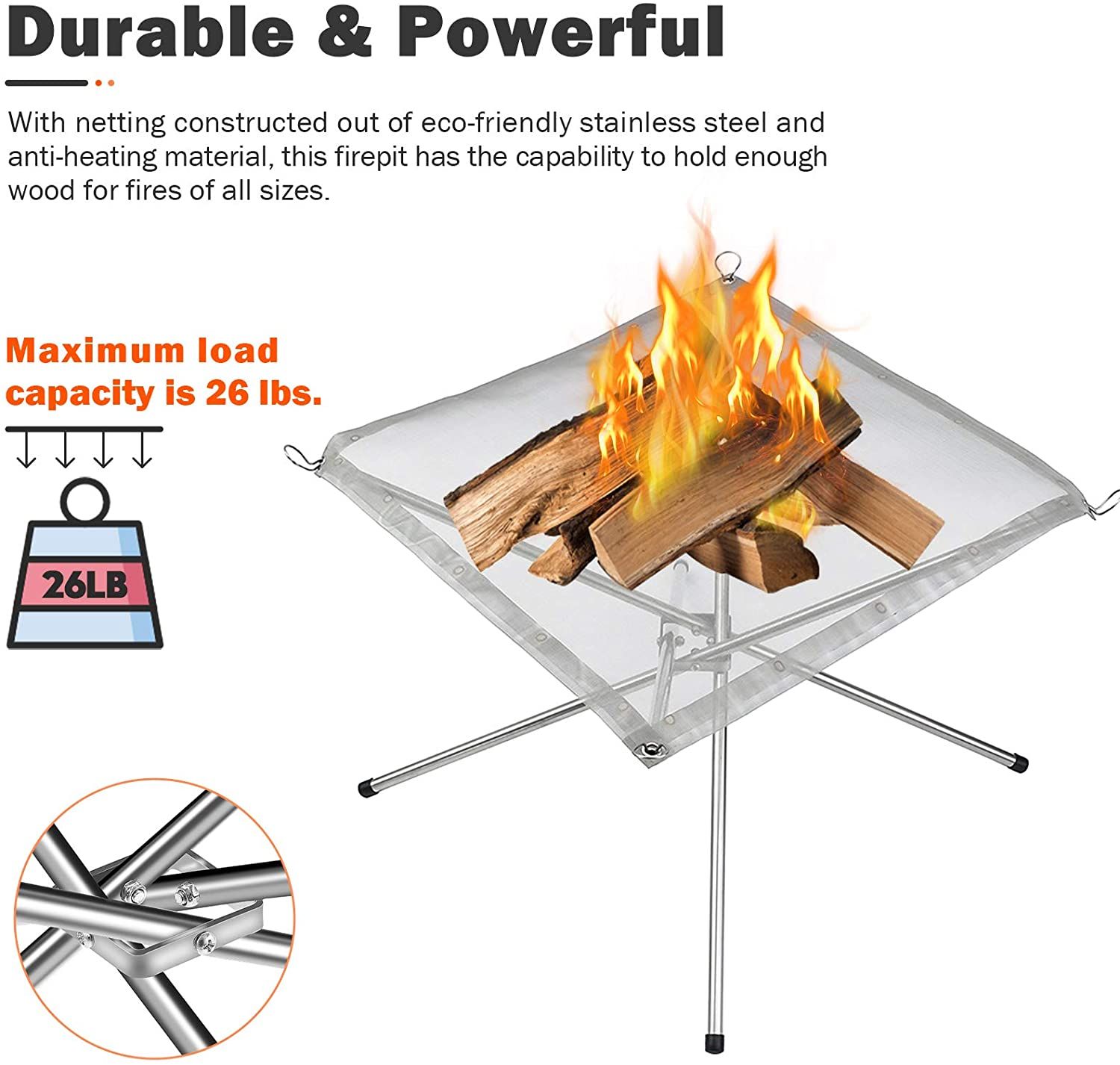 22 Inch Portable Outdoor Fire Pit Collapsible Stainless Steel Mesh Fire Pit Campfire Grill Wood Burning