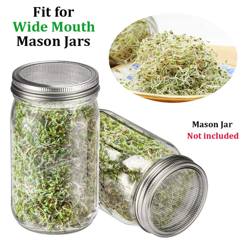 Stainless Steel Organic Seeds Sprouting Jar Mesh Screen Lid Kit For Wide Mouth Mason Jars Making Organic Bean Sprout Seeds