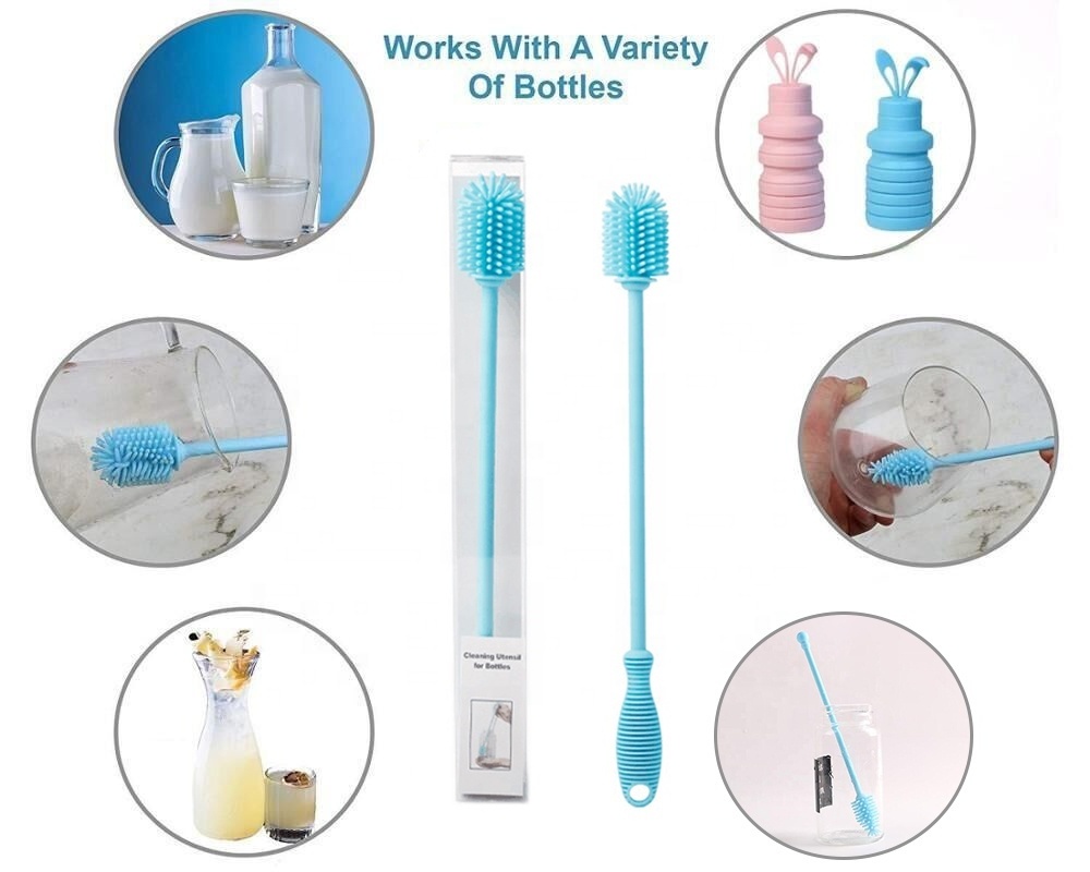 Blue Multifunction Portable Thin Glass Water Bottle Cup Long Silicone Cleaner Cleaning Brush For Big Bottels