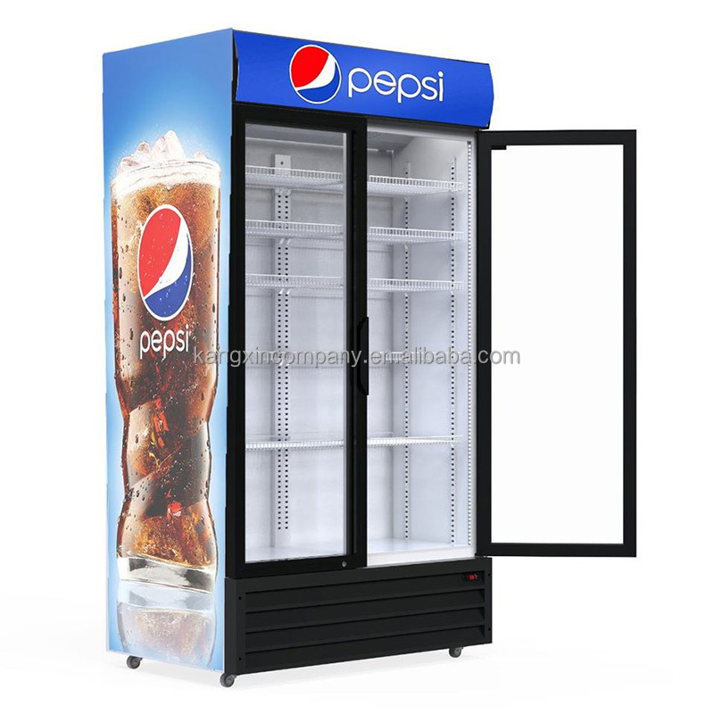 Supermarket double Glass door Pepsi beverage display cooler refrigerator