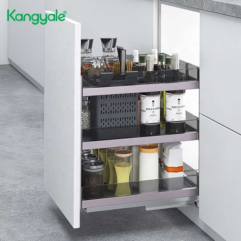 Kangyale Kitchen Cabinet Pull Out Shelf Soft Closing Seasoning Bottle Storage Rack 3-tier Spice Pantry Kitchen Cabinet Organizer