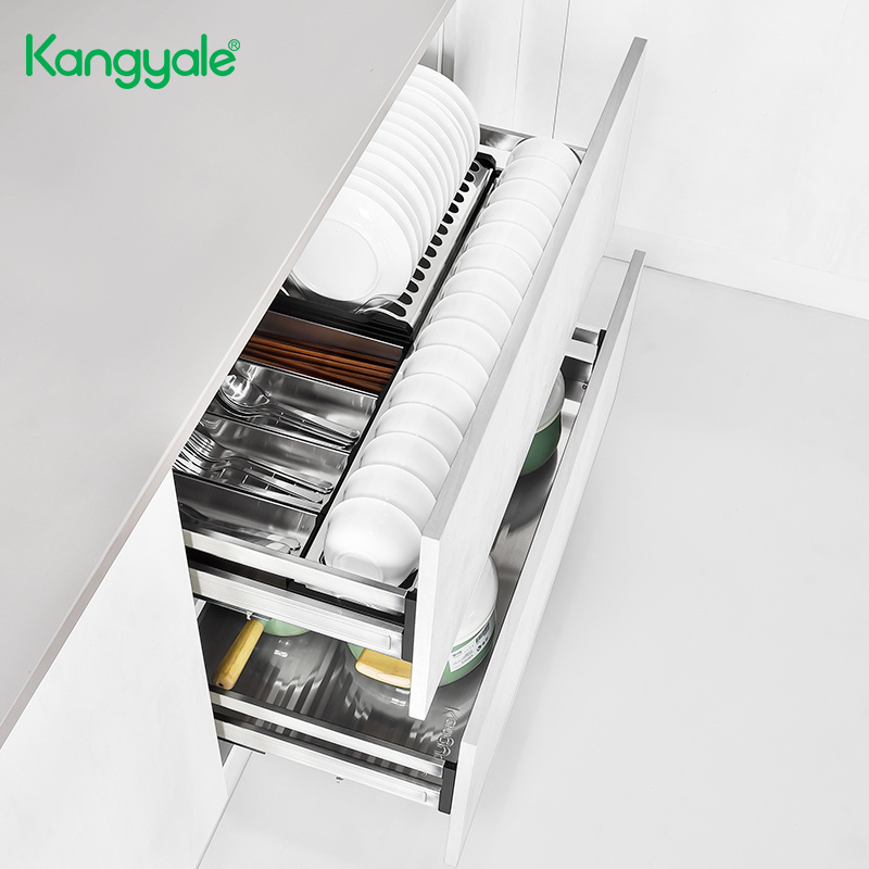 Kangyale Kitchen Cabinet Cutlery Organizer Drawer Kitchen Pull Out Dish Drawer Basket 2 Tier Sliding Cutlery Storage Drawer