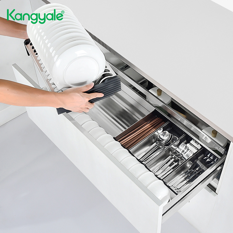 Kangyale Kitchen Cabinet Cutlery Organizer Drawer Kitchen Pull Out Dish Drawer Basket 2 Tier Sliding Cutlery Storage Drawer