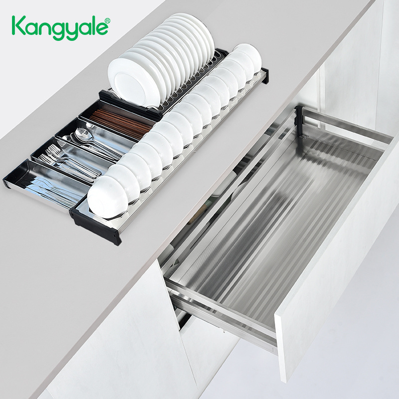 Kangyale Kitchen Cabinet Cutlery Organizer Drawer Kitchen Pull Out Dish Drawer Basket 2 Tier Sliding Cutlery Storage Drawer