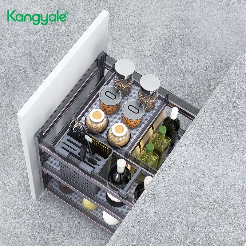 Kangyale Kitchen Cabinet Pull Out Shelf Soft Closing Seasoning Bottle Storage Rack 3-tier Spice Pantry Kitchen Cabinet Organizer