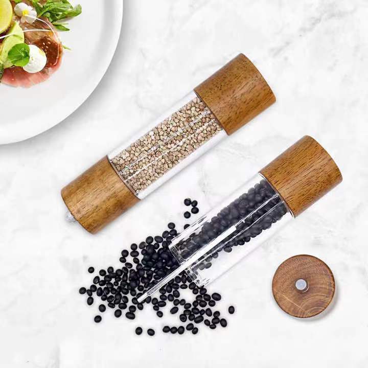 Kitchen Oak wooden salt and pepper container mill grinder with transparent acrylic tank