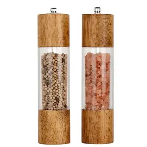 Manual hand operate oak wood transparent acrylic tank salt and pepper grinder