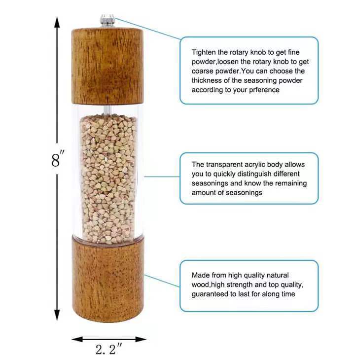 Oak wooden manual salt & pepepr grinder with acrylic tank window.